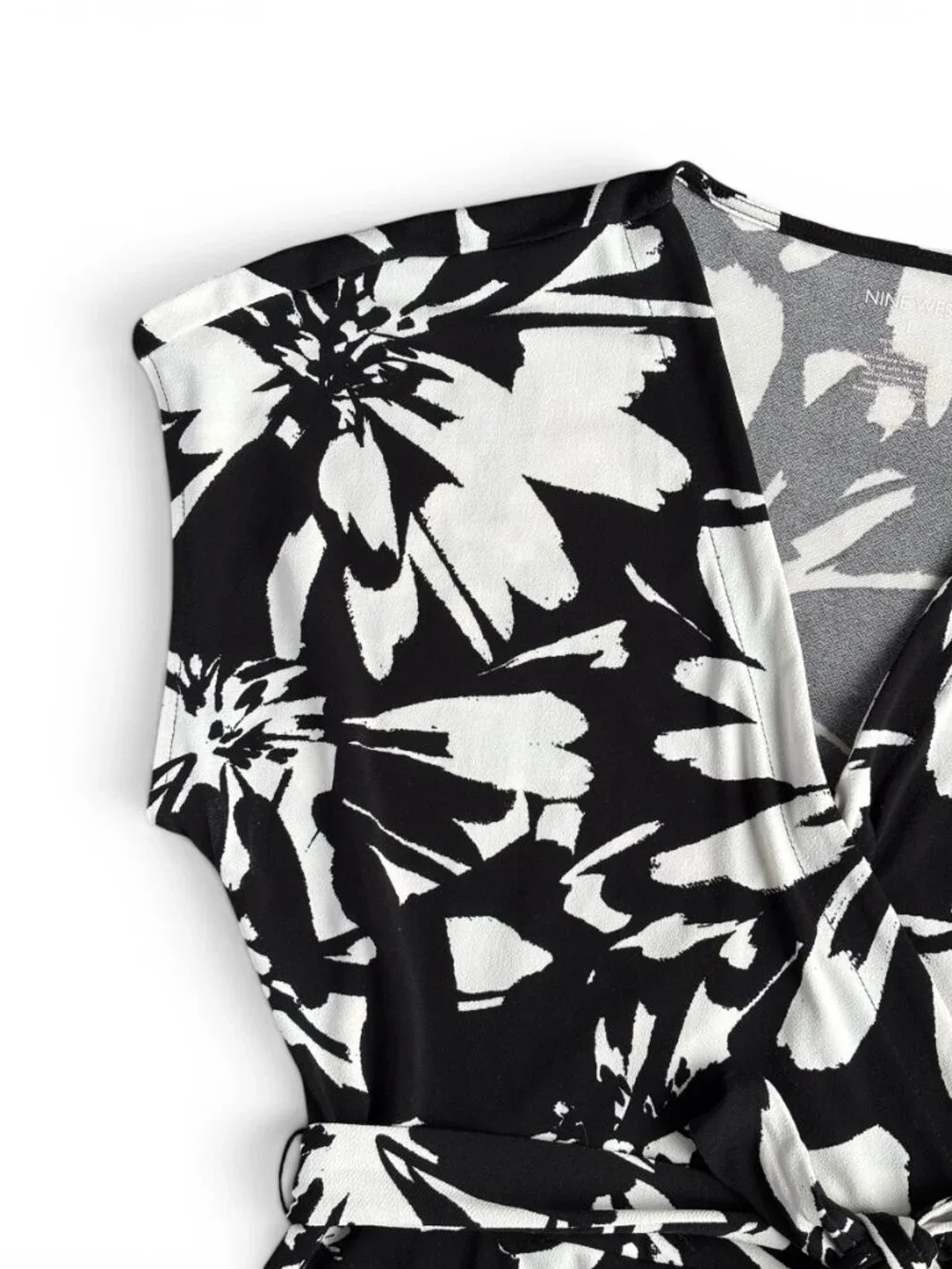 Nine West Black White Floral Faux Wrap Dress Belted Stretch Size L